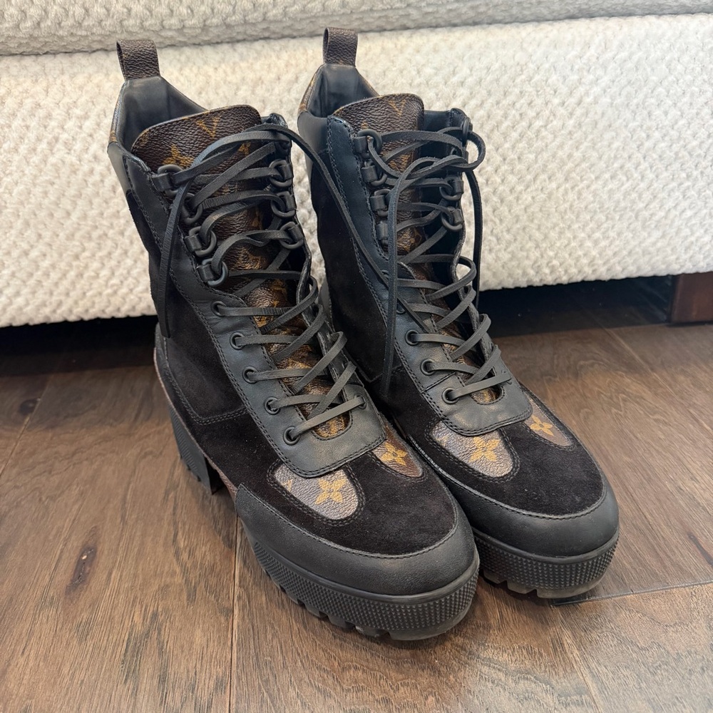 Louis Vuitton Black and Brown Monogram Lace-Up Platform Ankle Boots